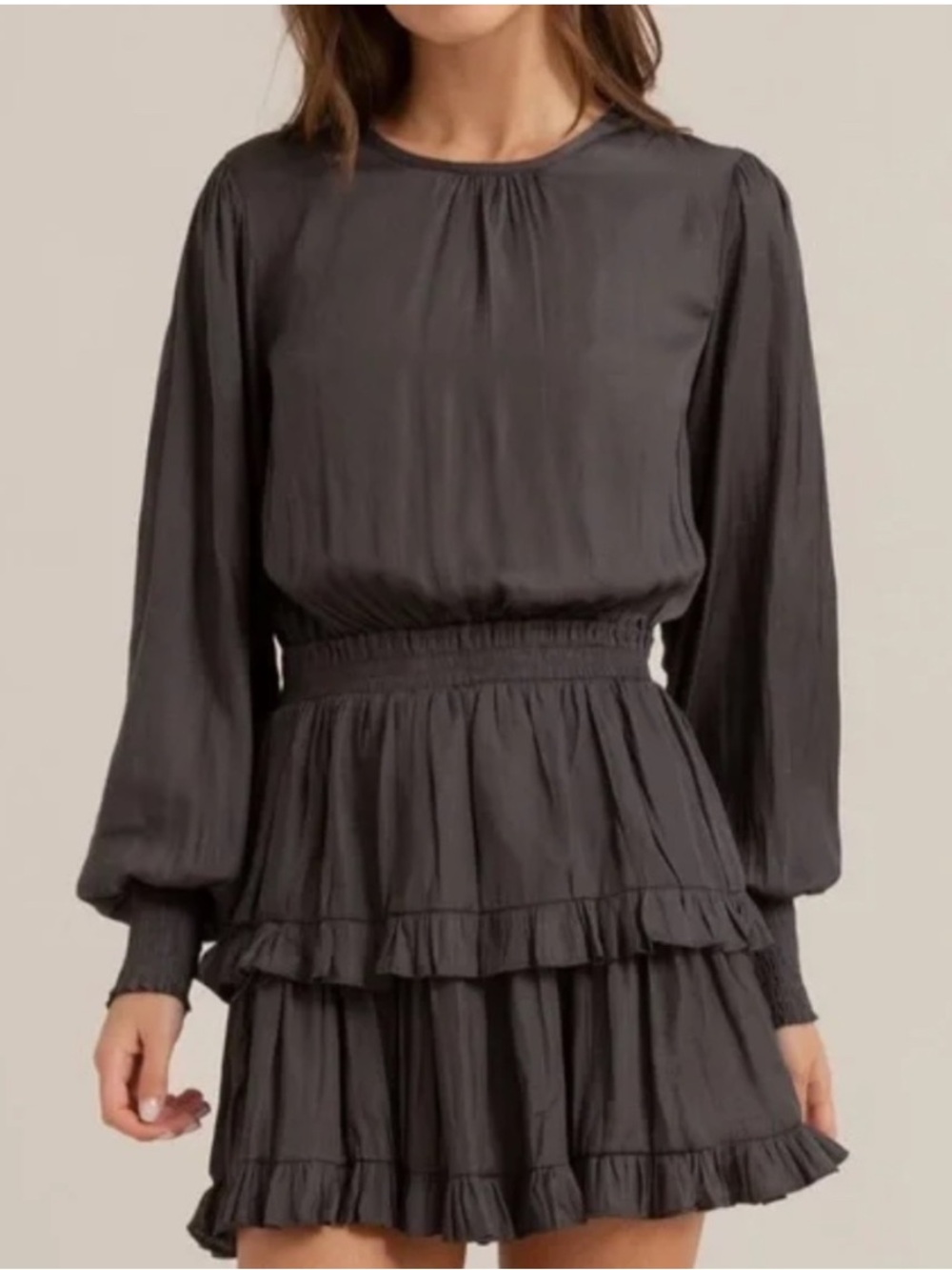 The Impeccable Pig Charcoal Long-Sleeve Tiered Ruffle Dress Small